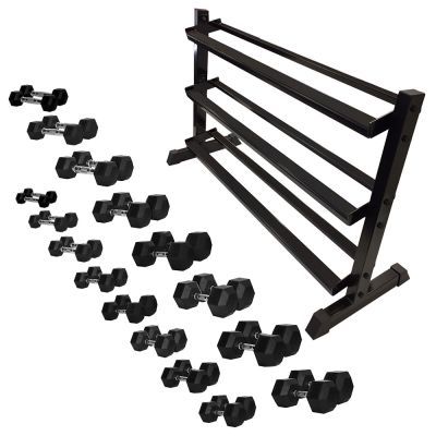 1-25kg Rubber Hex Dumbbell Set (16 pairs) with 3 Tier Rack