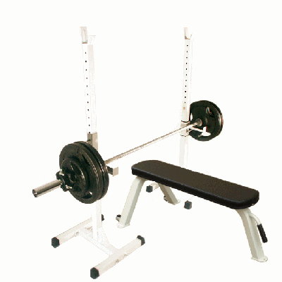 Squat Stands with Flat Bench and Olympic Weight Set